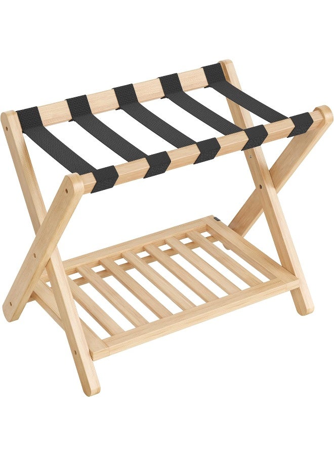 SONGMICS Solid Wood Luggage Rack, No Assembly Required, Foldable Suitcase Stand, Luggage Holder, with Storage Shelf, for Guest Room, Hotel, Bedroom, Natural Beige - Image 1