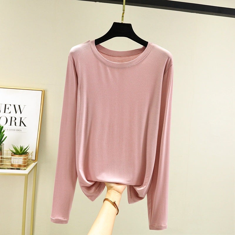 Spring and Autumn New Modal Round Neck Base Shirt Basic Simple Womens Top Elastic Large Size Loose Long Sleeve T-shirt Lotus root starch 