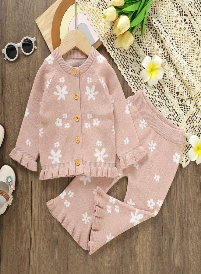 Yccutest Infant Girl Sweater Set 2 Piece Fall Winter Outfit Baby Girl Floral Knit Cardigan Top Flared Pants Toddler Clothes (Pink, 6-9 Months) - Image 3