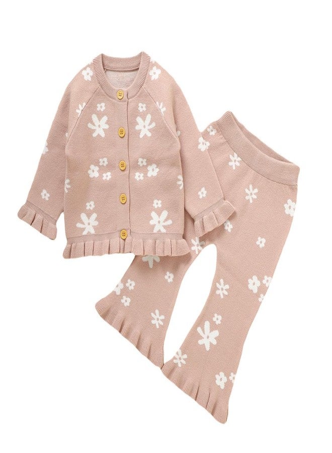 Yccutest Infant Girl Sweater Set 2 Piece Fall Winter Outfit Baby Girl Floral Knit Cardigan Top Flared Pants Toddler Clothes (Pink, 6-9 Months) - Image 1