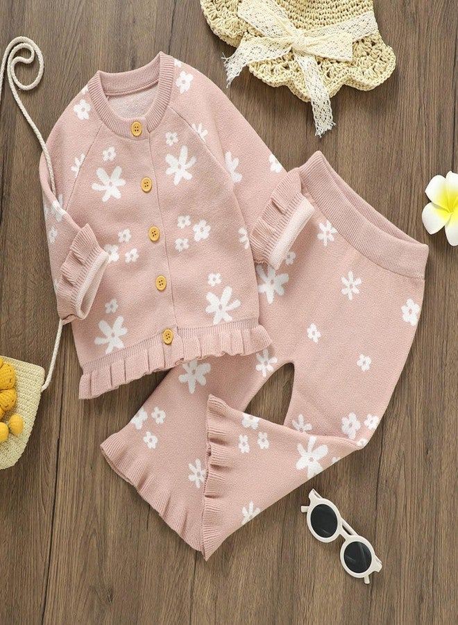 Yccutest Infant Girl Sweater Set 2 Piece Fall Winter Outfit Baby Girl Floral Knit Cardigan Top Flared Pants Toddler Clothes (Pink, 6-9 Months) - Image 2