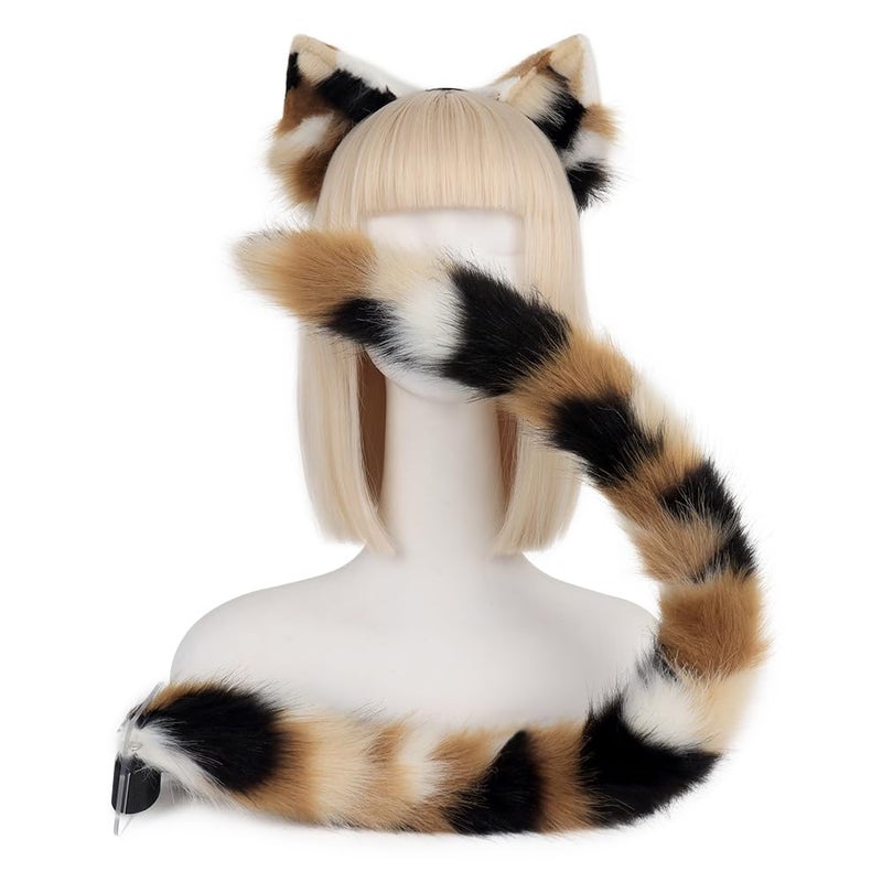 QinRuan Animal Cosplay Costume Accessories Furry Faux Fur Cat Ears Headband and Fox Tail Set Halloween Accessory - Image 1