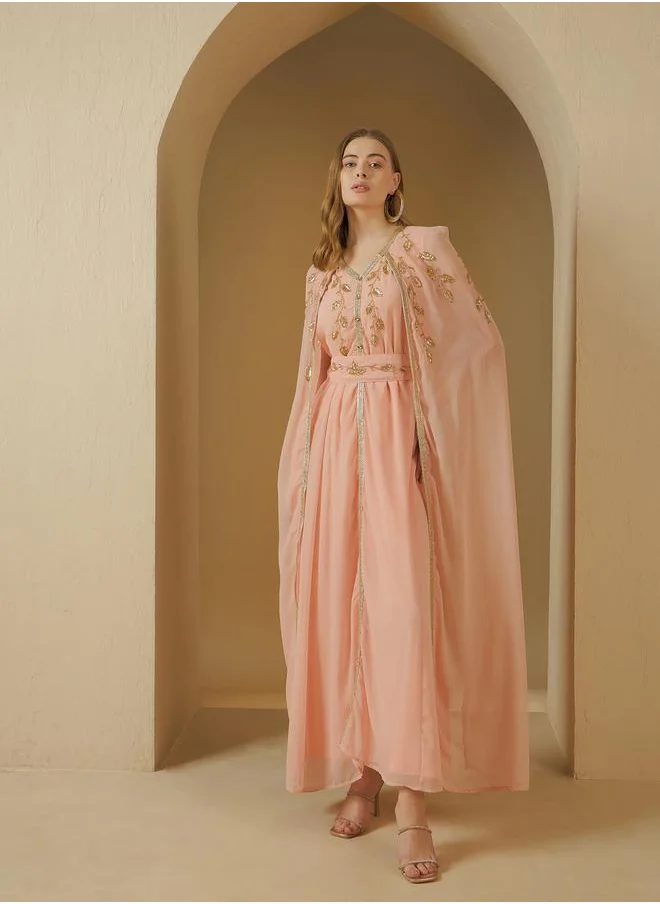 Styli Embroidered Cape Sleeve Belted Kaftan