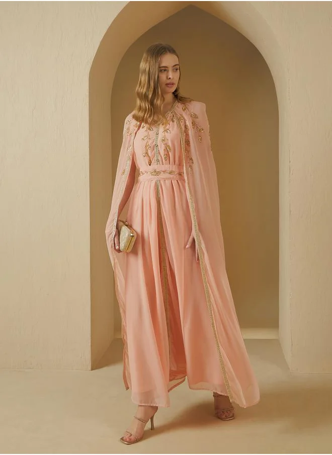 Styli Embroidered Cape Sleeve Belted Kaftan