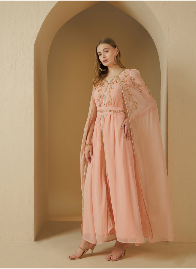 Styli Styli Embroidered Cape Sleeve Belted Kaftan  - Image 3