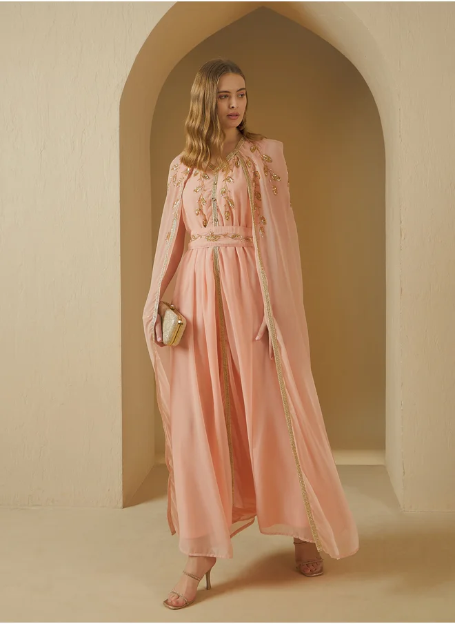 ستايلي Styli Embroidered Cape Sleeve Belted Kaftan