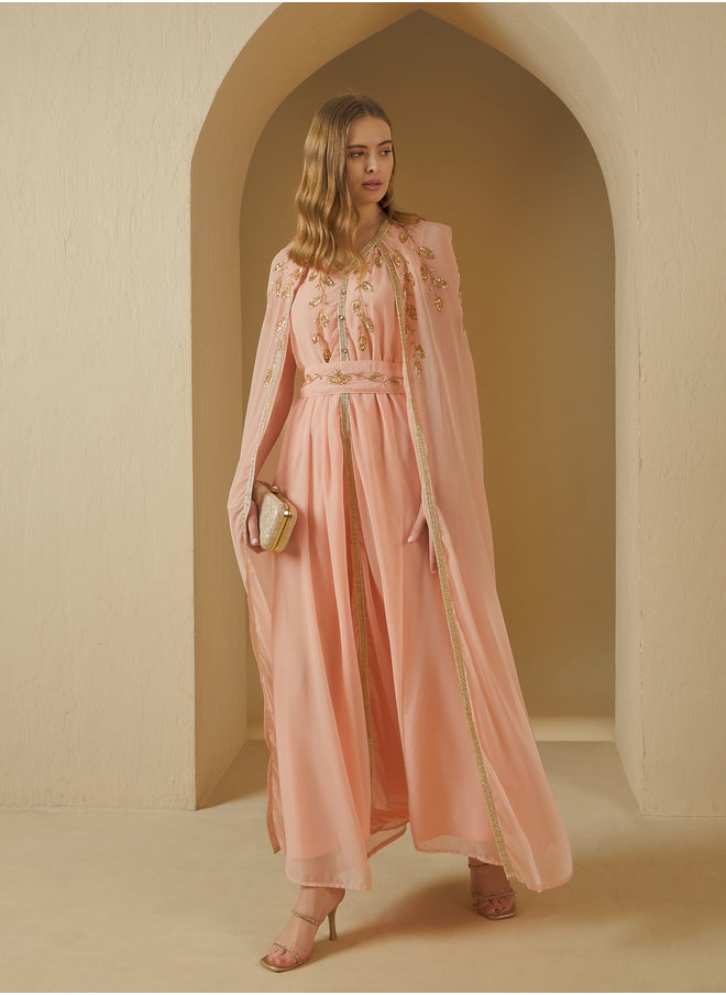 Styli Styli Embroidered Cape Sleeve Belted Kaftan  - Image 1