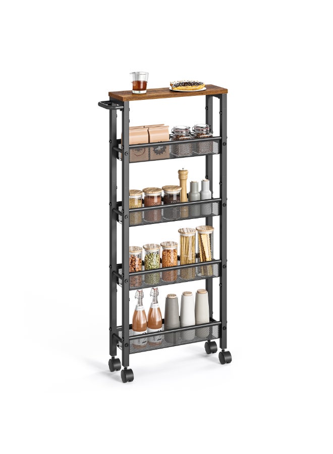 VASAGLE 5-Shelf Trolley, Space-Saving Kitchen Cart with Castors, Steel Frame, Handle, Trolley for Small Spaces, Kitchen Bathroom Living Room Studio, Rustic Brown and Black - Image 1