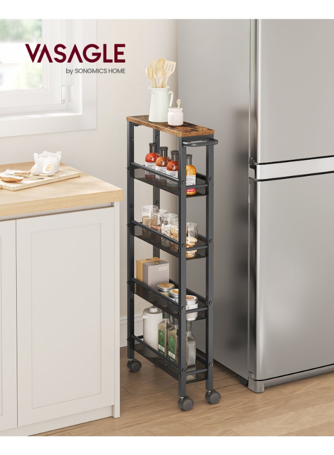 VASAGLE 5-Shelf Trolley, Space-Saving Kitchen Cart with Castors, Steel Frame, Handle, Trolley for Small Spaces, Kitchen Bathroom Living Room Studio, Rustic Brown and Black - Image 2