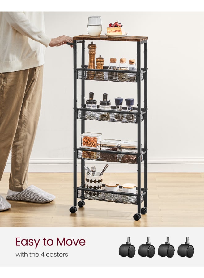 VASAGLE 5-Shelf Trolley, Space-Saving Kitchen Cart with Castors, Steel Frame, Handle, Trolley for Small Spaces, Kitchen Bathroom Living Room Studio, Rustic Brown and Black - Image 5