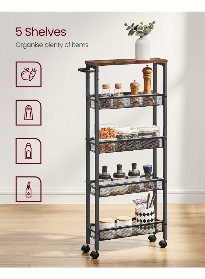 VASAGLE 5-Shelf Trolley, Space-Saving Kitchen Cart with Castors, Steel Frame, Handle, Trolley for Small Spaces, Kitchen Bathroom Living Room Studio, Rustic Brown and Black - Image 4