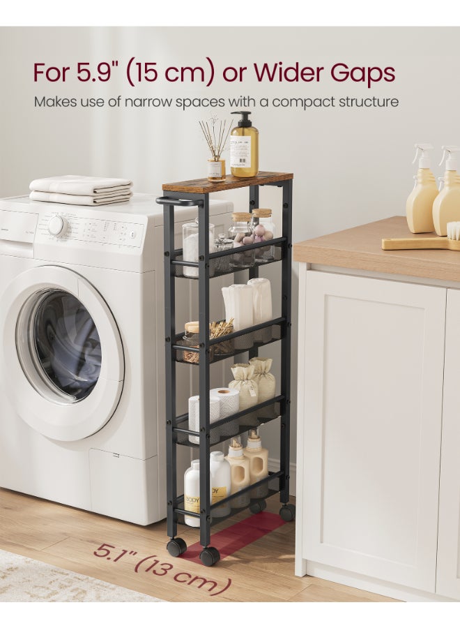 VASAGLE 5-Shelf Trolley, Space-Saving Kitchen Cart with Castors, Steel Frame, Handle, Trolley for Small Spaces, Kitchen Bathroom Living Room Studio, Rustic Brown and Black - Image 3