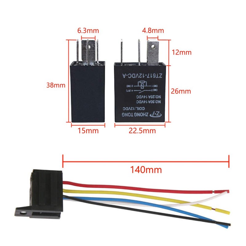 ESUPPORT Car Heavy Duty Relay Switch 12V 30A SPDT 5Pin Wire Socket Plug Harness Waterproof Electrical Automotive Pack of 5 - Image 2