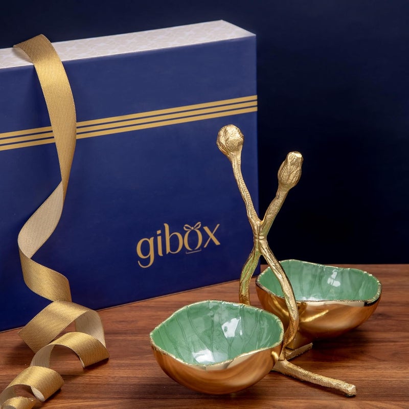 GiBOX وعاء تقديم متعدد الاستخدامات بتصميم لوتس أخضر ذهبي بتشطيب مينا مع مقبض من GIBOX 2 في 1 مع صندوق هدايا فاخر لتزيين المنزل والديكور الاحتفالي - Image 3