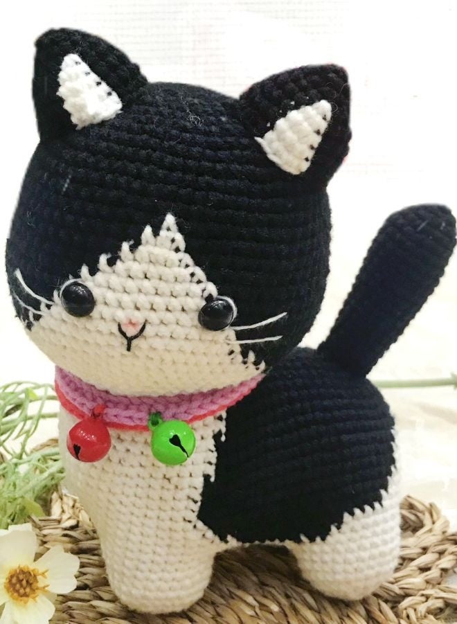Fatio Handmade Crochet Black and White Cat Doll – 15cm Plush Toy - Image 2