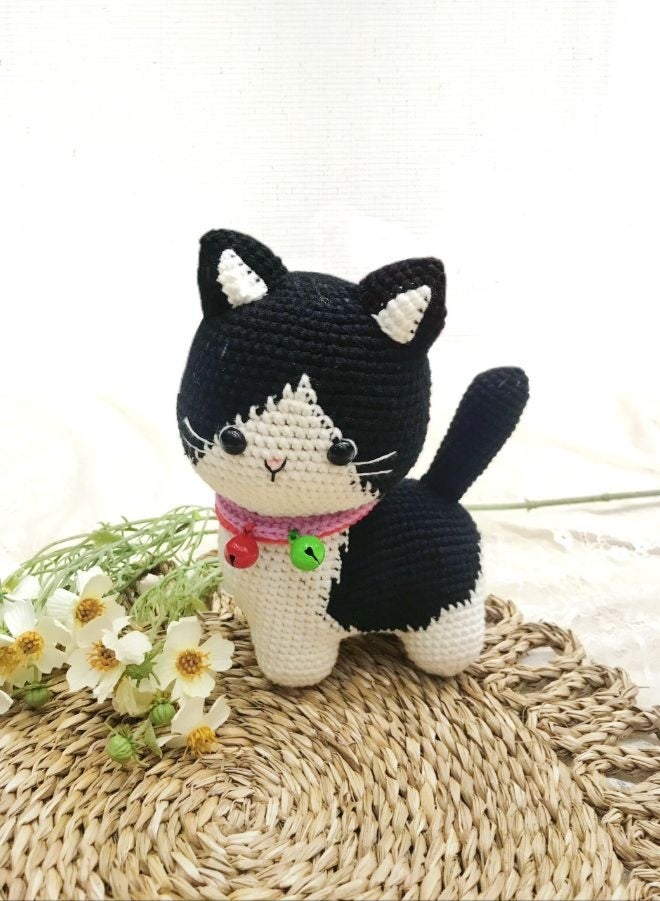 Fatio Handmade Crochet Black and White Cat Doll – 15cm Plush Toy - Image 1