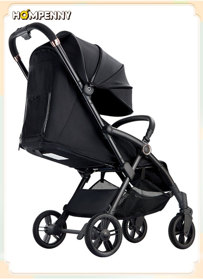Hompenny - Luxury Auto-Folding Baby Stroller with Free Cup Holder, Aerospace-Grade Metal Frame, 35mm Wide Silent Rubber Wheels, One-Hand Auto Recline Adjustment, Washable Fabric, Cabin-Approved, 70KG Weight Capacity, Suitable for Ages 0–6 - Image 1