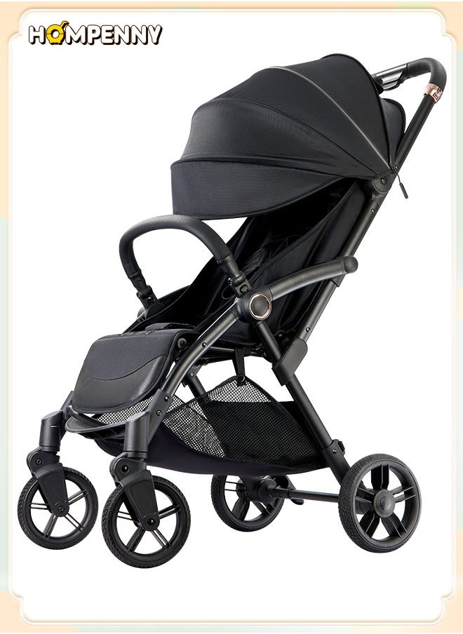 Hompenny - Luxury Auto-Folding Baby Stroller with Free Cup Holder, Aerospace-Grade Metal Frame, 35mm Wide Silent Rubber Wheels, One-Hand Auto Recline Adjustment, Washable Fabric, Cabin-Approved, 70KG Weight Capacity, Suitable for Ages 0–6 - Image 1