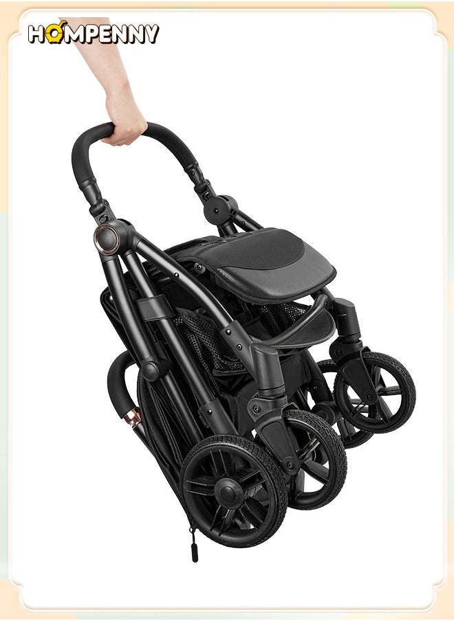 Hompenny - Luxury Auto-Folding Baby Stroller with Free Cup Holder, Aerospace-Grade Metal Frame, 35mm Wide Silent Rubber Wheels, One-Hand Auto Recline Adjustment, Washable Fabric, Cabin-Approved, 70KG Weight Capacity, Suitable for Ages 0–6 - Image 1