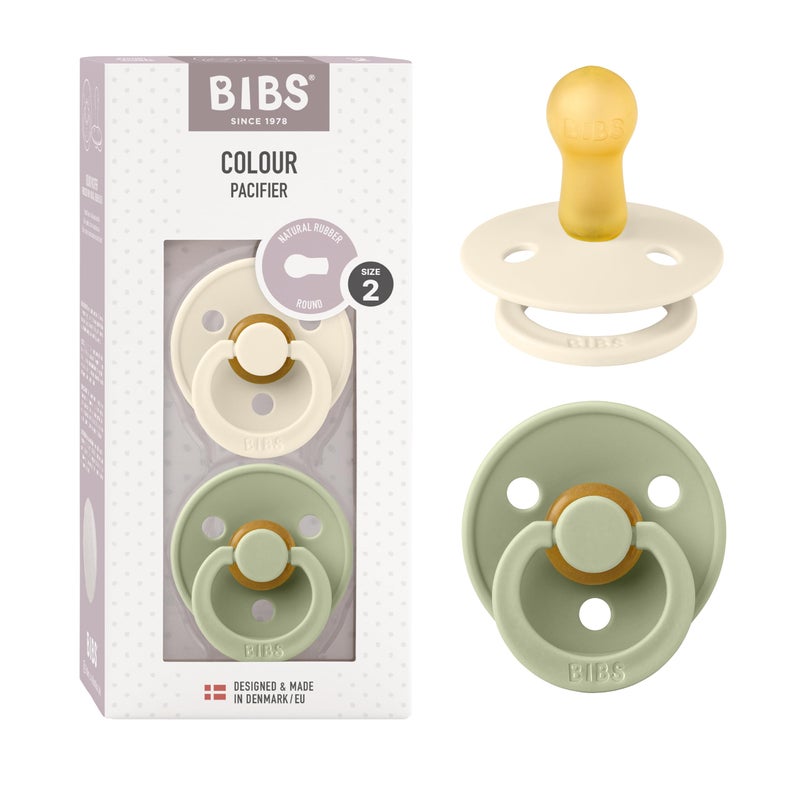 BIBS Pacifiers Colour Collection | Natural Rubber Baby Pacifier | Round Nipple | Set of 2 BPA-Free Soothers | Made in Denmark | 6+ Months (Pack of 2) | Sage/Ivory - Image 1