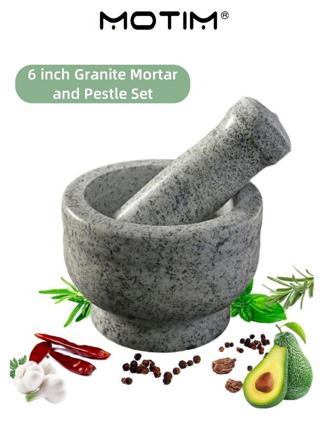 موتيم مجموعة الملاط والمدقة الجرانيت - 6 بوصة طاحونة عشب الجرانيت الصلبة الثقيلة للأعشاب وعاء طحن حجر التوابل التايلاندية سحق العشب القوس  - Image 1