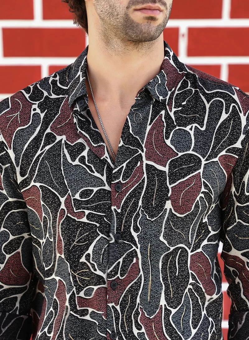 كامبوس سوترا Men's Onyx Black & Russet Brown Speckled-Foliage Regular Shirt