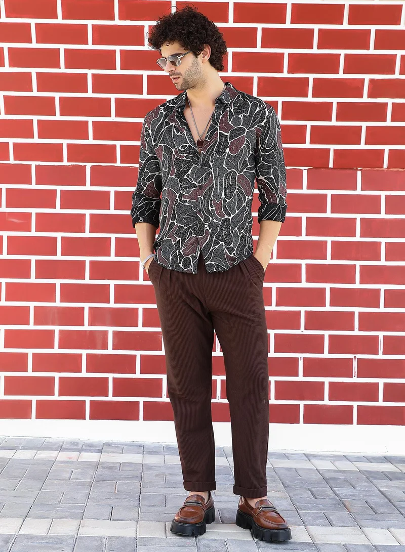 كامبوس سوترا Men's Onyx Black & Russet Brown Speckled-Foliage Regular Shirt
