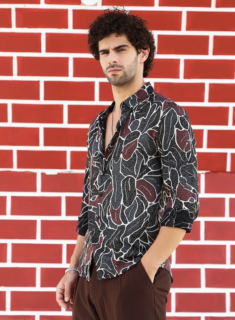 كامبوس سوترا Men's Onyx Black & Russet Brown Speckled-Foliage Regular Shirt