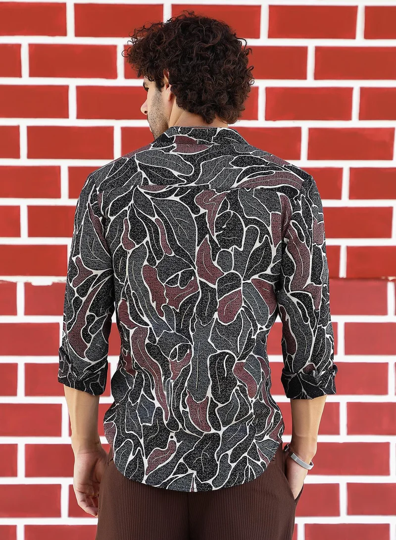 كامبوس سوترا Men's Onyx Black & Russet Brown Speckled-Foliage Regular Shirt