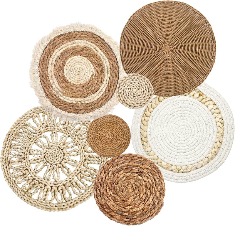 CODOHI Set of 7 Boho Wall Baskets, Wall Hanging Rattan Decor, Flat Round Woven Water Hyacinth Corn Husk Farmhouse Handmade Macrame Hanging Woven Baskets for Living Room Bedroom Dining Room Office - Image 1