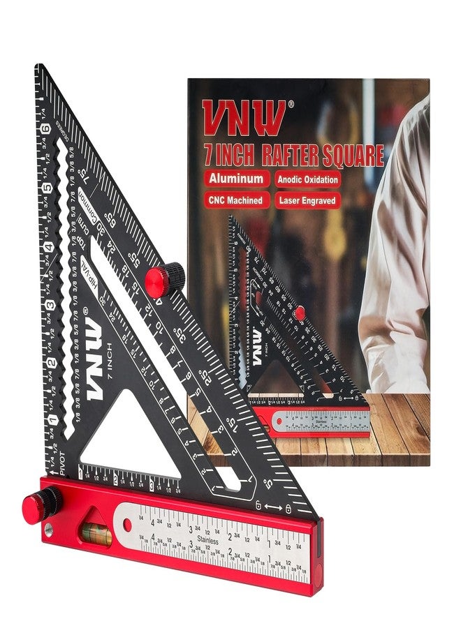 VNW 6-in-1 Carpenter Square 7 inch (1/16" Precision) Rafter Square Multi-Purpose Carpenter Tools : Square, Protractor, Ruler, Marking Gauge, T-Bevel Gauge,Bubble Level - Image 1
