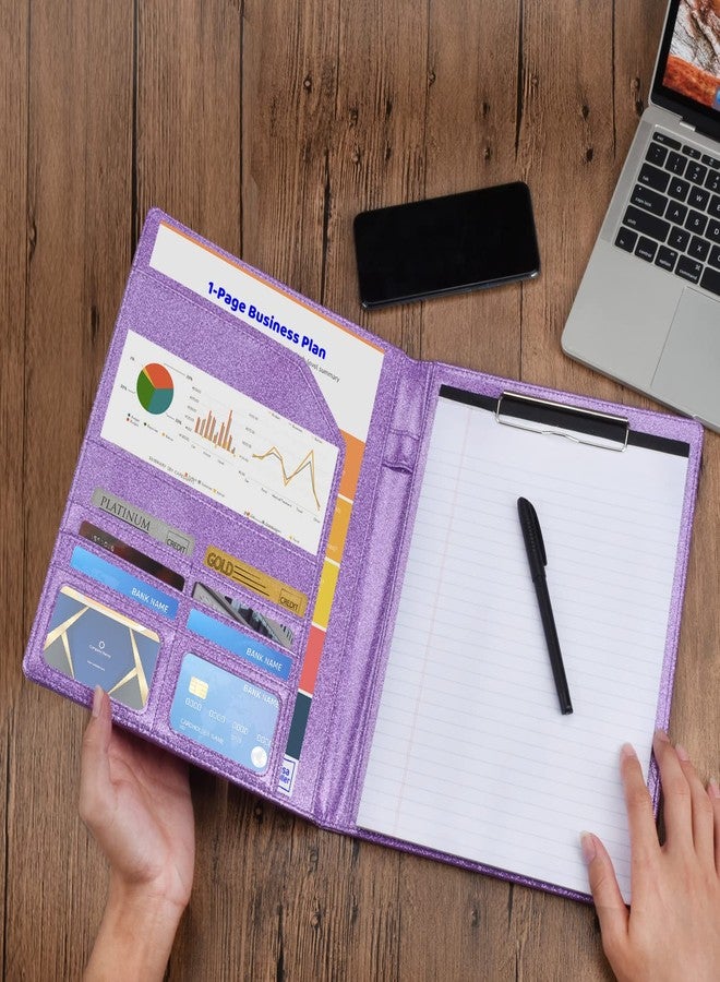 Cacturism Padfolio Portfolio Folder, Foldable Letter Size Clipboard Legal Pad, Bling PU Leather Professional Folio Organizer for Women - Resume Business Document Holder for Job Work Office, Purple - Image 5