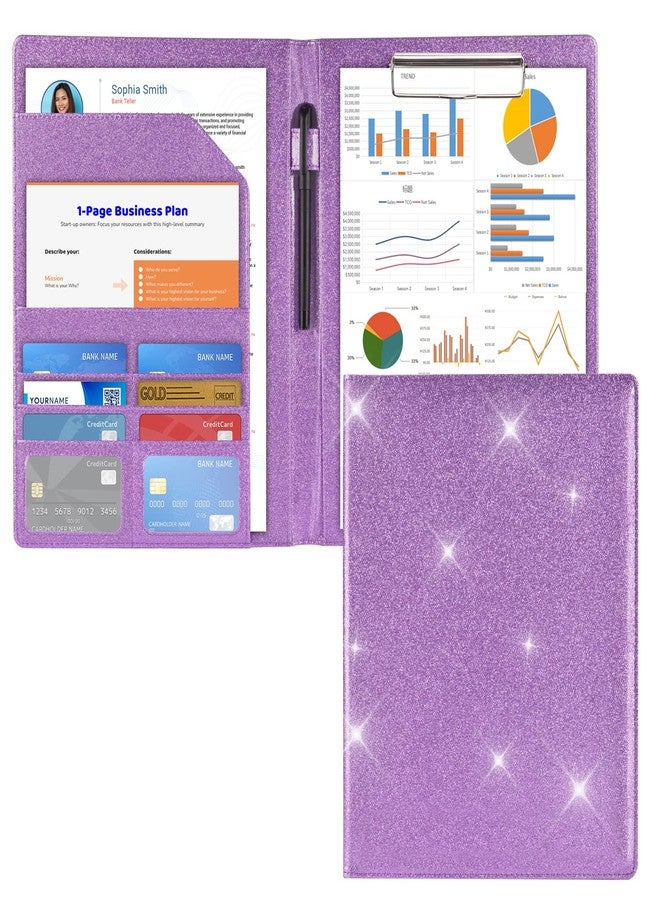 Cacturism Padfolio Portfolio Folder, Foldable Letter Size Clipboard Legal Pad, Bling PU Leather Professional Folio Organizer for Women - Resume Business Document Holder for Job Work Office, Purple - Image 1