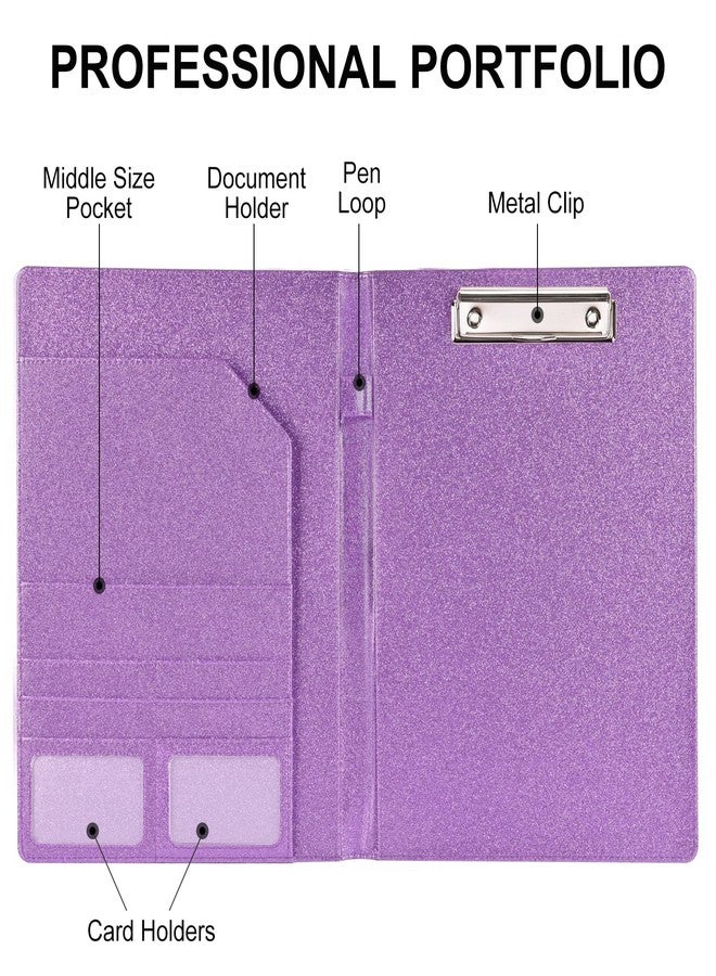 Cacturism Padfolio Portfolio Folder, Foldable Letter Size Clipboard Legal Pad, Bling PU Leather Professional Folio Organizer for Women - Resume Business Document Holder for Job Work Office, Purple - Image 2