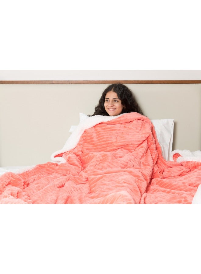 Mintra Blanket Double Sided Sherpa & Strip Flannel Coral 220x180 - Image 2