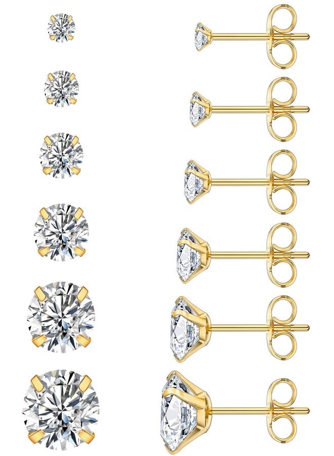 WSSXC 6 Pairs Stud Earrings Hypoallergenic Cubic Zirconia 316L Earrings Stainless Steel CZ Earrings Set 3-8mm (Gold) - Image 1