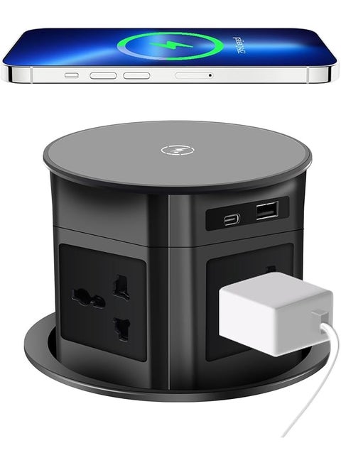 Pop Up Outlet 15W Wireless Charger, With 4 Outlets power 15A USB A/C 20W Super charging, 3.86 inch Desk Hole Pop Up Power Outlet for Kitchen Countertop,Office Conference Table (Black - Universal)