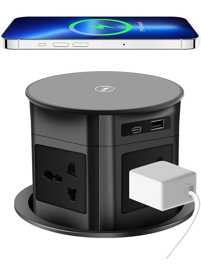 The Bros Pop Up Outlet 15W Wireless Charger, With 4 Outlets power 15A USB A/C 20W Super charging, 3.86 inch Desk Hole Pop Up Power Outlet for Kitchen Countertop,Office Conference Table (Black - Universal) - Image 1
