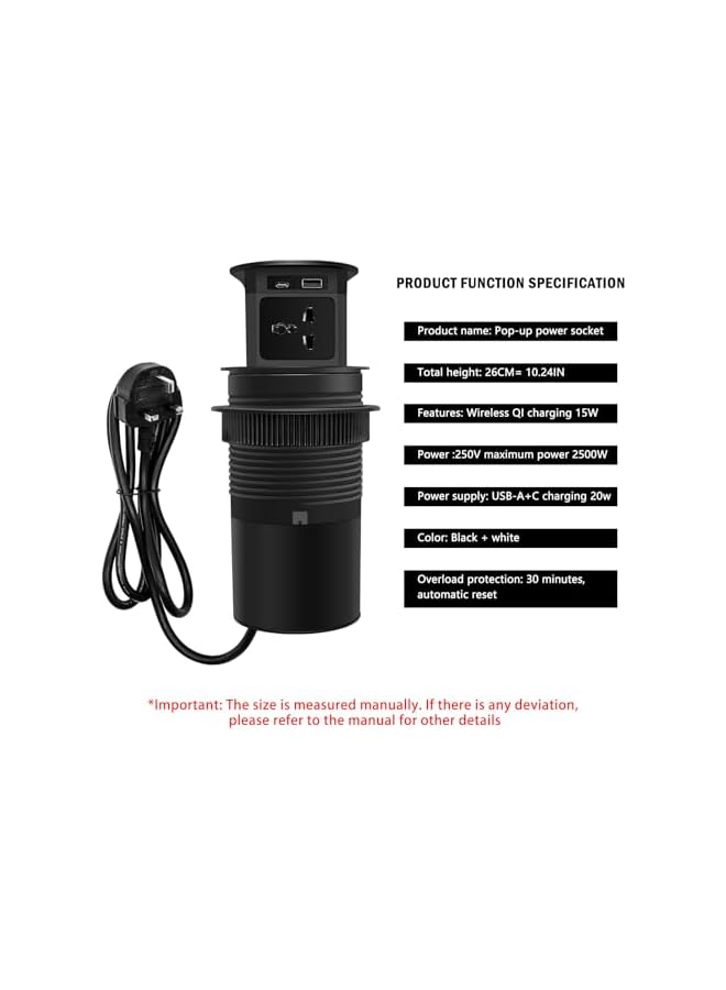 The Bros Pop Up Outlet 15W Wireless Charger, With 4 Outlets power 15A USB A/C 20W Super charging, 3.86 inch Desk Hole Pop Up Power Outlet for Kitchen Countertop,Office Conference Table (Black - Universal) - Image 3