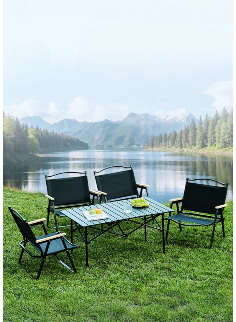 متجر الفرح كراسي تخييم قابلة للطي، كرسي شاطئ خارجي محمول قابل للطي، كراسي تخييم قياسية بإطار معدني ودرابزين خشبي للتخييم والحفلات وصيد الأسماك والشاطئ والمروج والفناء، لون أسود - Image 3