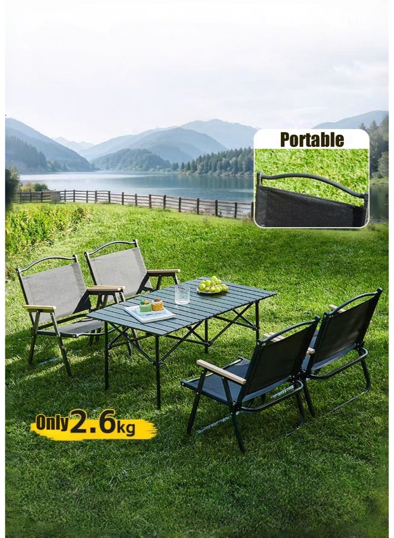 متجر الفرح كراسي تخييم قابلة للطي، كرسي شاطئ خارجي محمول قابل للطي، كراسي تخييم قياسية بإطار معدني ودرابزين خشبي للتخييم والحفلات وصيد الأسماك والشاطئ والمروج والفناء، لون أسود - Image 4