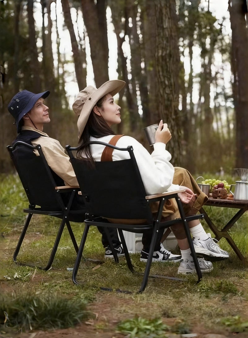 متجر الفرح كراسي تخييم قابلة للطي، كرسي شاطئ خارجي محمول قابل للطي، كراسي تخييم قياسية بإطار معدني ودرابزين خشبي للتخييم والحفلات وصيد الأسماك والشاطئ والمروج والفناء، لون أسود - Image 2