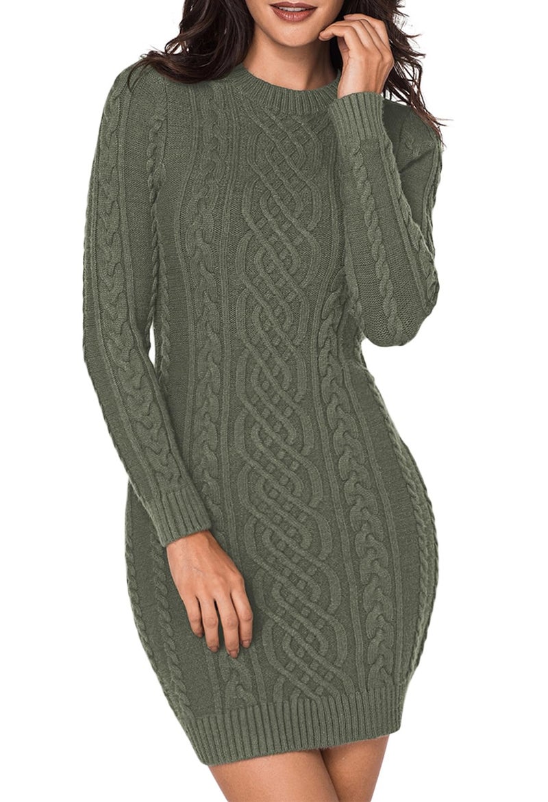 LaSuiveur LaSuiveur Women Crewneck Pullovers Long Sleeve Slim Fit Short Sweater Dress Army Green M  - Image 1