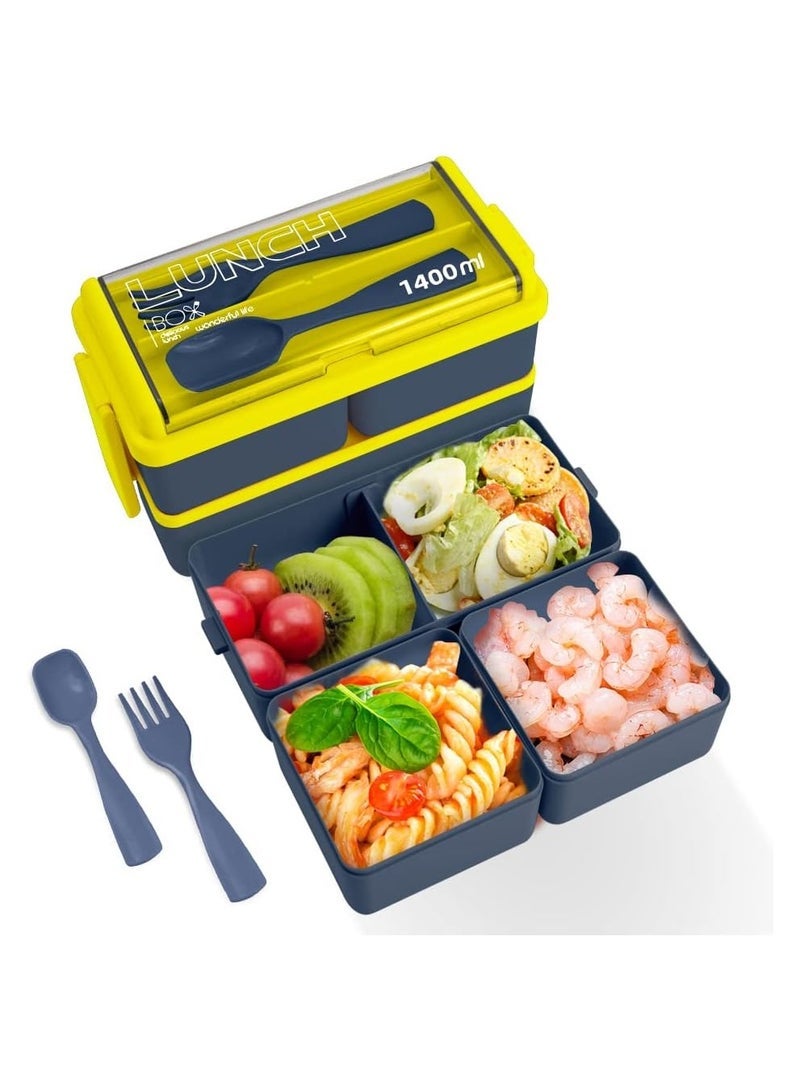 Double Stackable Bento Box for Kids, 3-Compartment Lunch Box with Food-safe Materials, 1400ML Leak-proof Lunch Container for Kids/Adults with Reusable Fork&Spoon（Blue） - Image 1