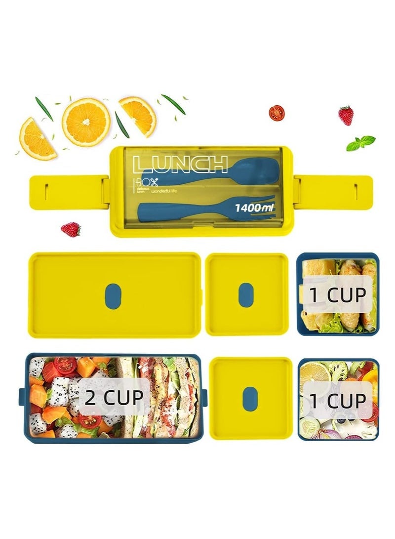 Double Stackable Bento Box for Kids, 3-Compartment Lunch Box with Food-safe Materials, 1400ML Leak-proof Lunch Container for Kids/Adults with Reusable Fork&Spoon（Blue） - Image 5