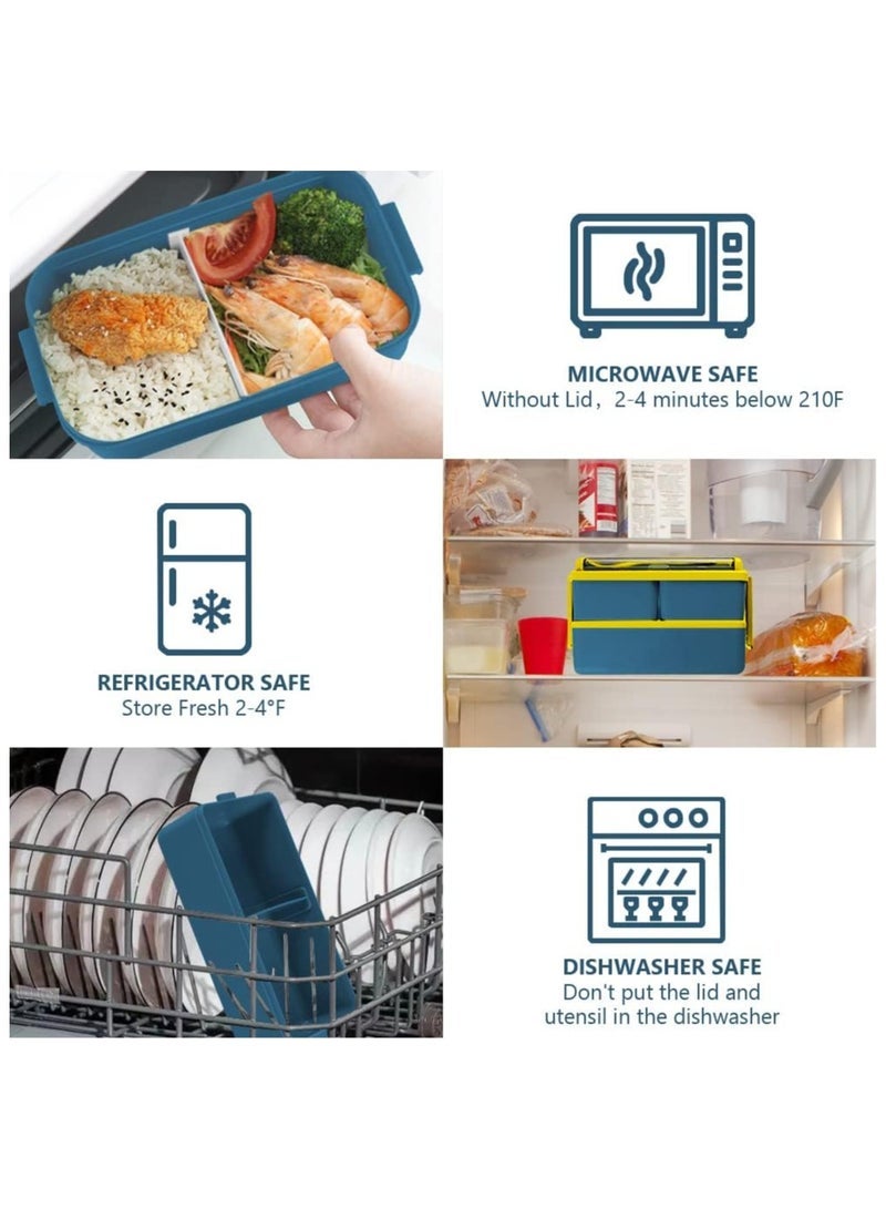 Double Stackable Bento Box for Kids, 3-Compartment Lunch Box with Food-safe Materials, 1400ML Leak-proof Lunch Container for Kids/Adults with Reusable Fork&Spoon（Blue） - Image 3