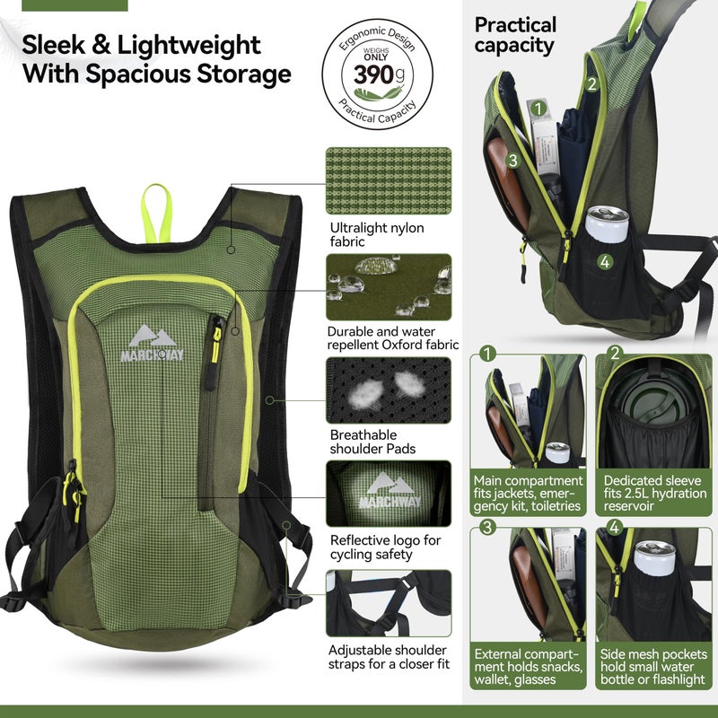 MARCHWAY Lightweight Hydration Backpack with Vest Style Straps & 2.5L TPU Water Bladder, Versatile Sleek Multi-Pocket Pack for Hiking, Cycling, Running, Backpacking, Travel (Green) - Image 2