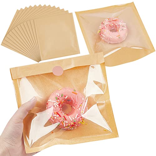 Ocmoiy 100ct Heat-Sealable Bakery Bags with Window for Egg Sandwich, Donut, Cookies Packaging, 7.1x7.5 Inches Clear Front Brown Paper Treat bags To go, Grease-Resistant (100) - Image 1