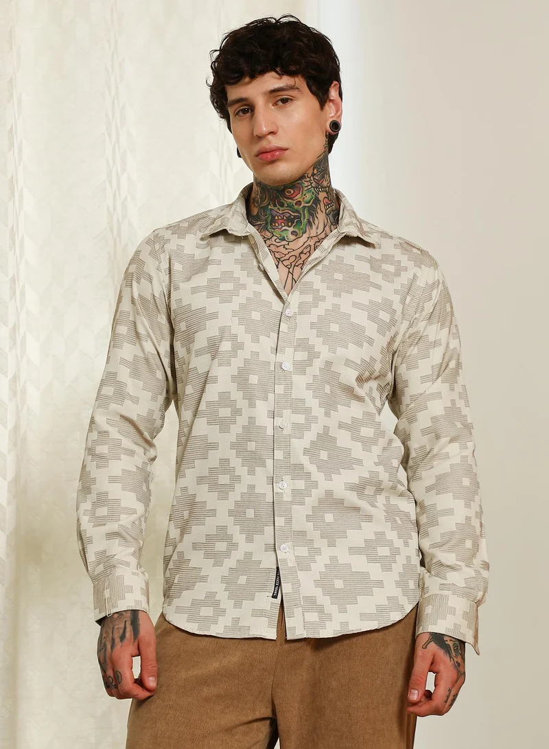 Campus Sutra Men's Geometric Pattern Cotton Blend Full Sleeve Shirt | أكمام قصيرة | مطبوع | ملابس كاجوال ويومية | طوق منتشر