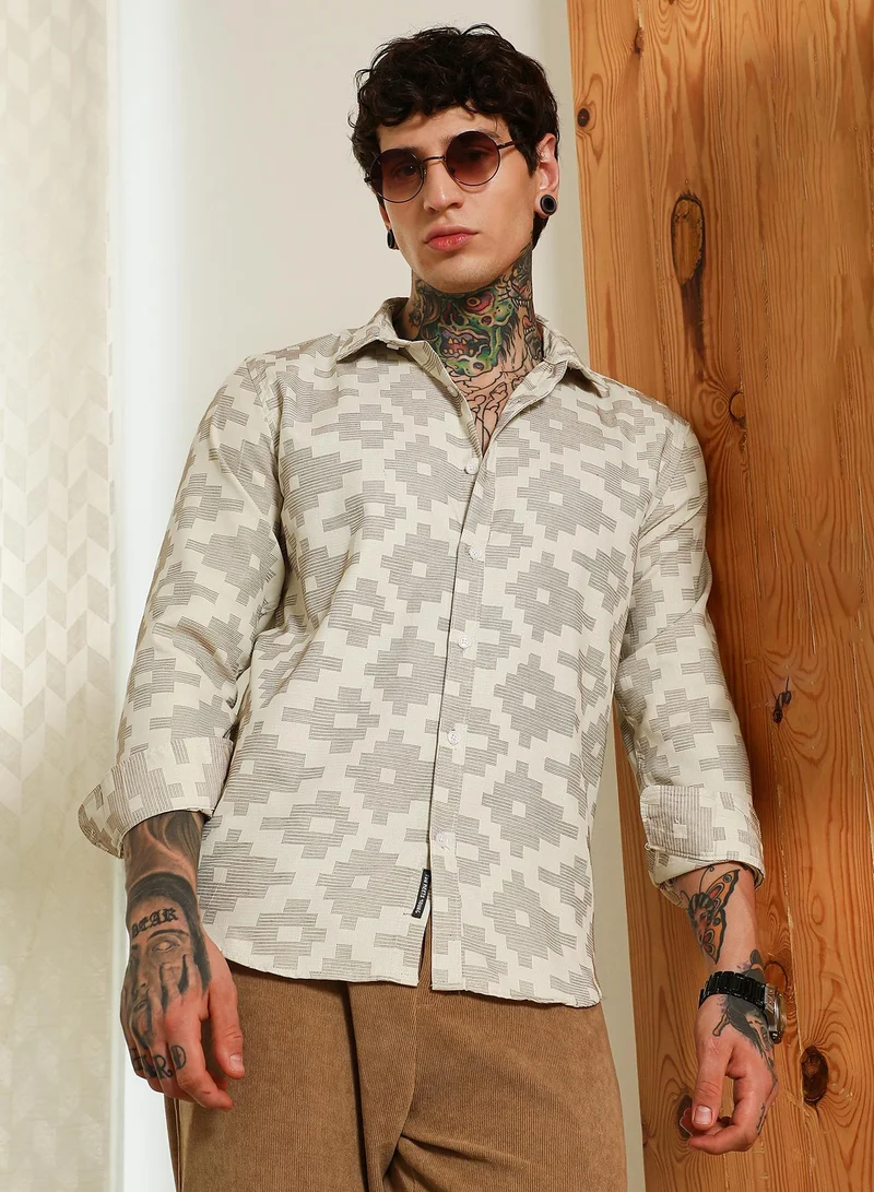 كامبوس سوترا قميص رجالي بأكمام كاملة من مزيج القطن بنقوش هندسية